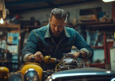 Man working on classic car engine in a garage setting.