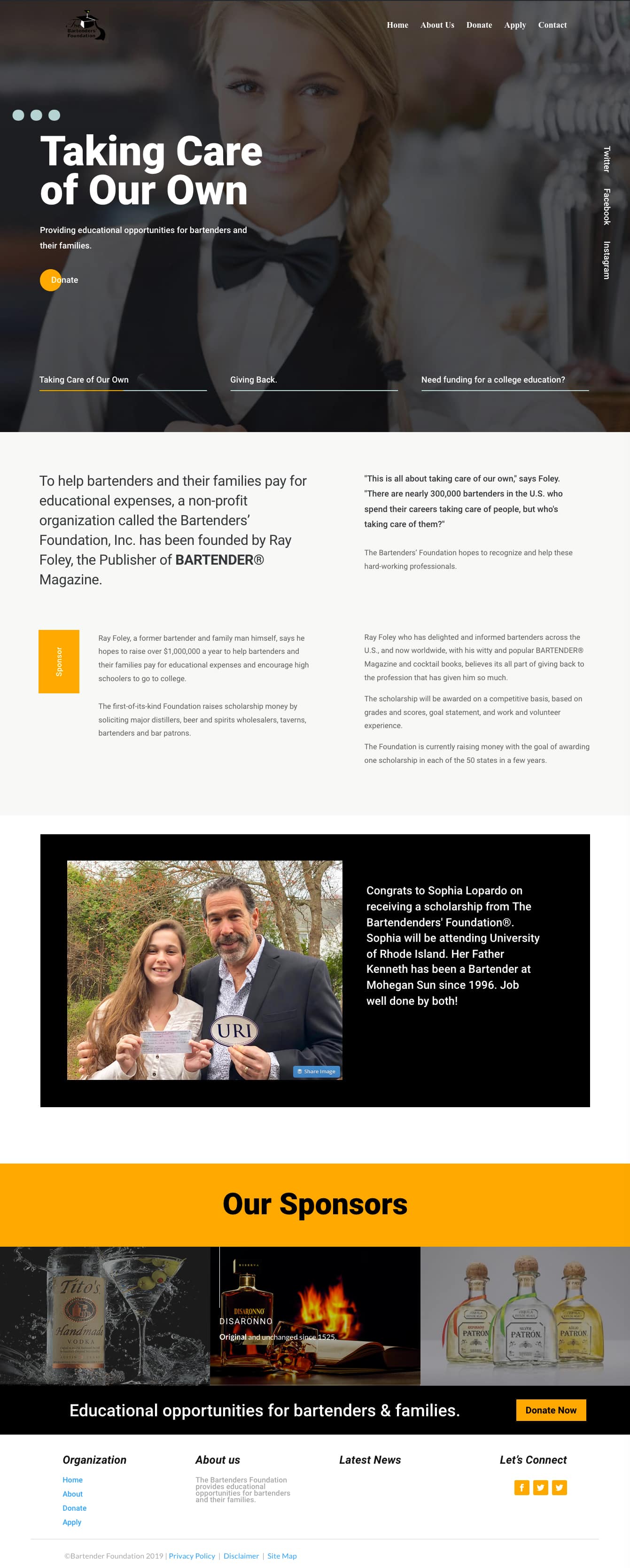 Bartenders Foundation home page design for their new website