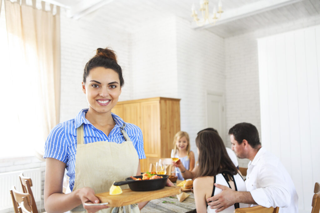 Waitress with frying pan