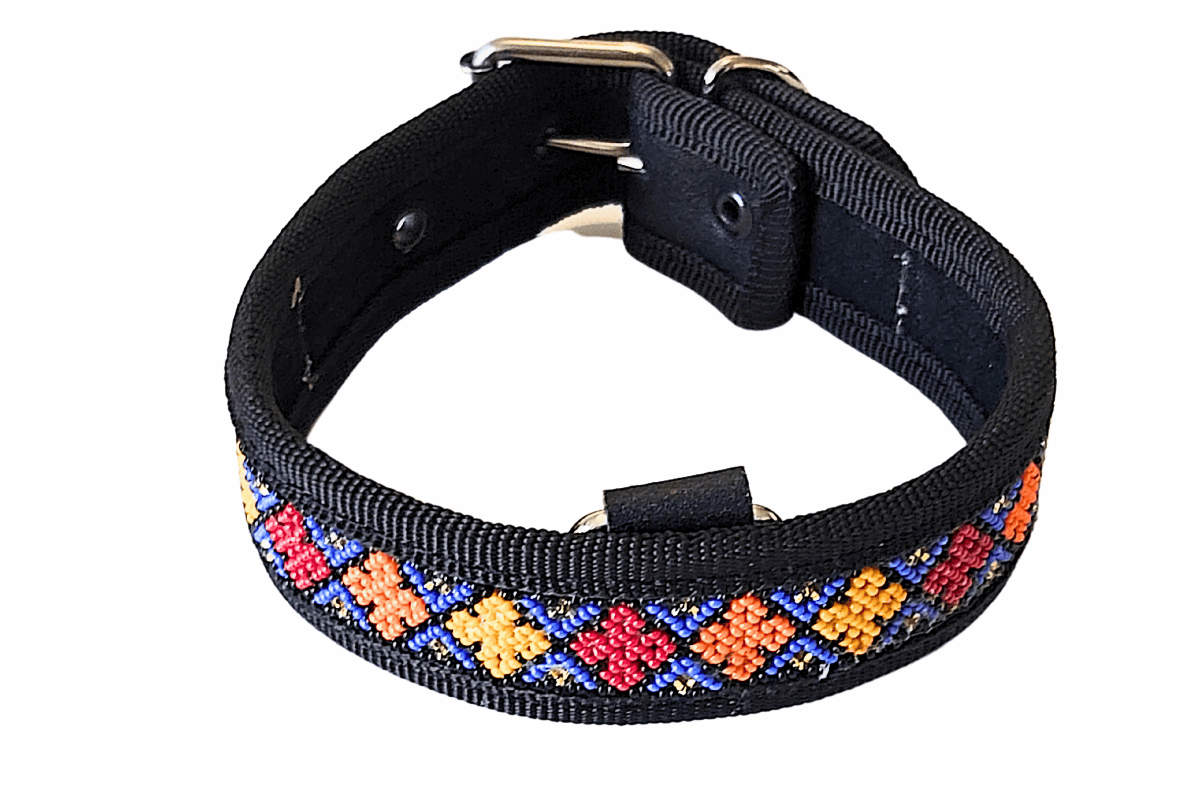 Tira de collar para perros con bordado tradicional mexicano en colores vibrantes y diseño étnico.