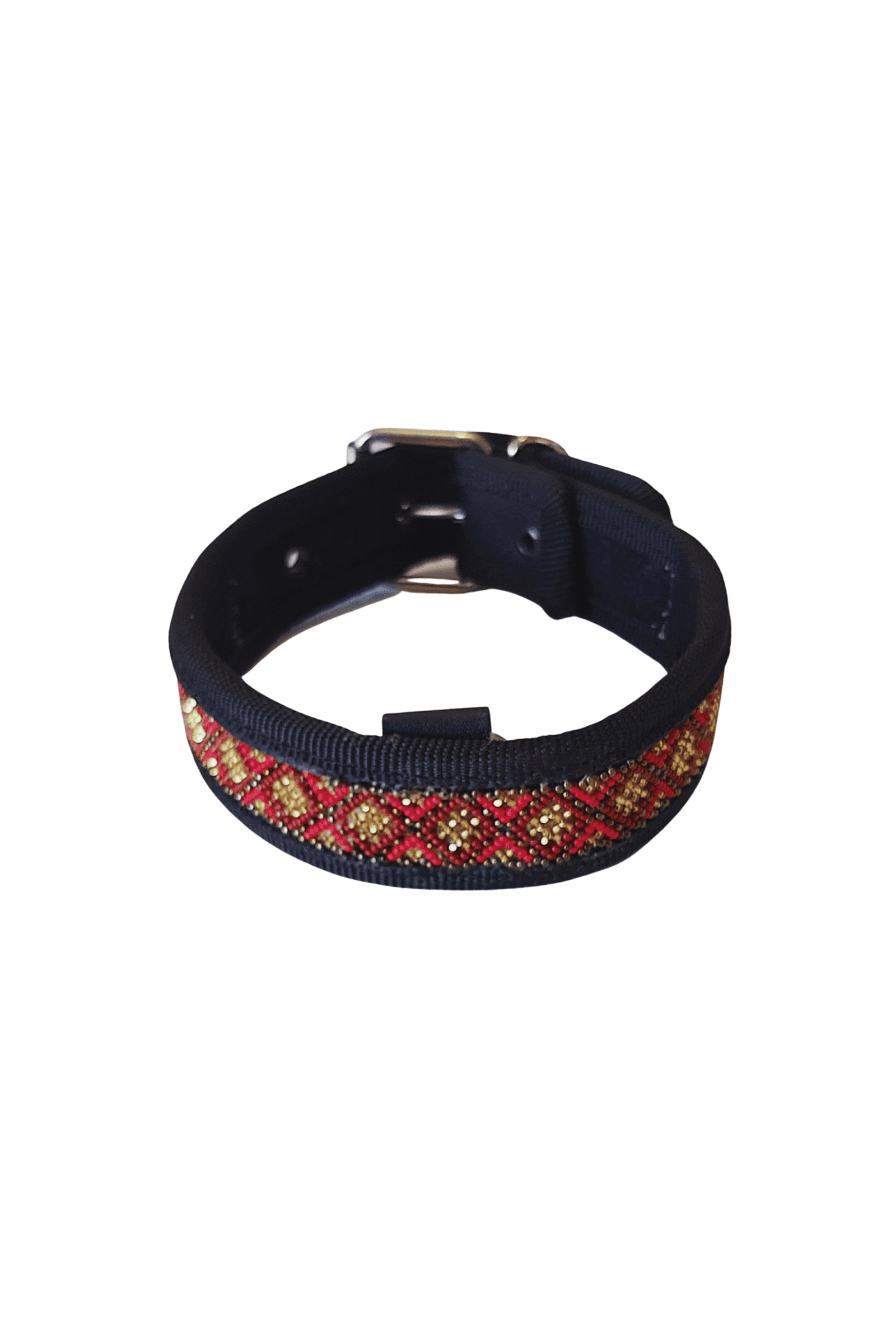 Banda para mascota con bordado tradicional y detalles en rojo y dorado, perfecta para lucir el estilo indígena en tu perro o gato.