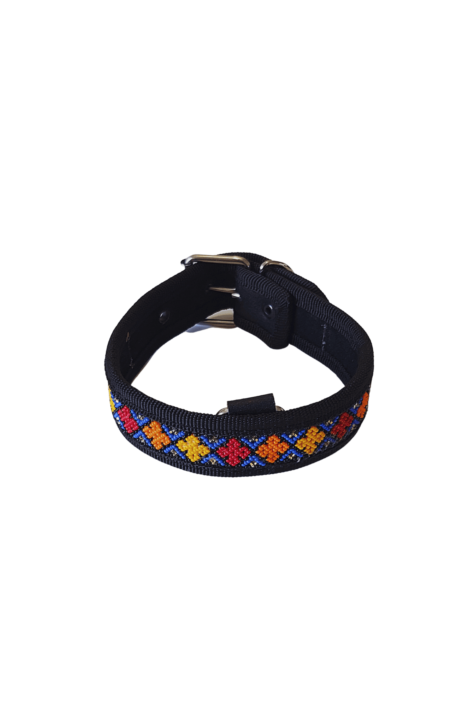 Brazalete ajustable de tela con diseño colorido, inspirado en la cultura y tradición mexicana, ideal para perros y mascotas, fabricado por HETS'I LUVI.