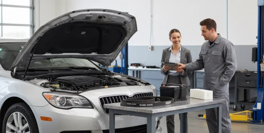 Auto repair shop with mechanic and customer discussing car issues.