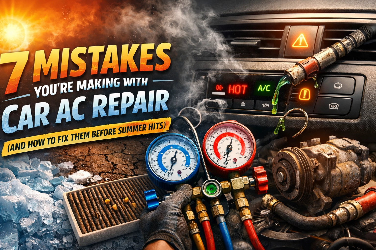 Auto repair troubleshooting with gauges and tools for vehicle maintenance.