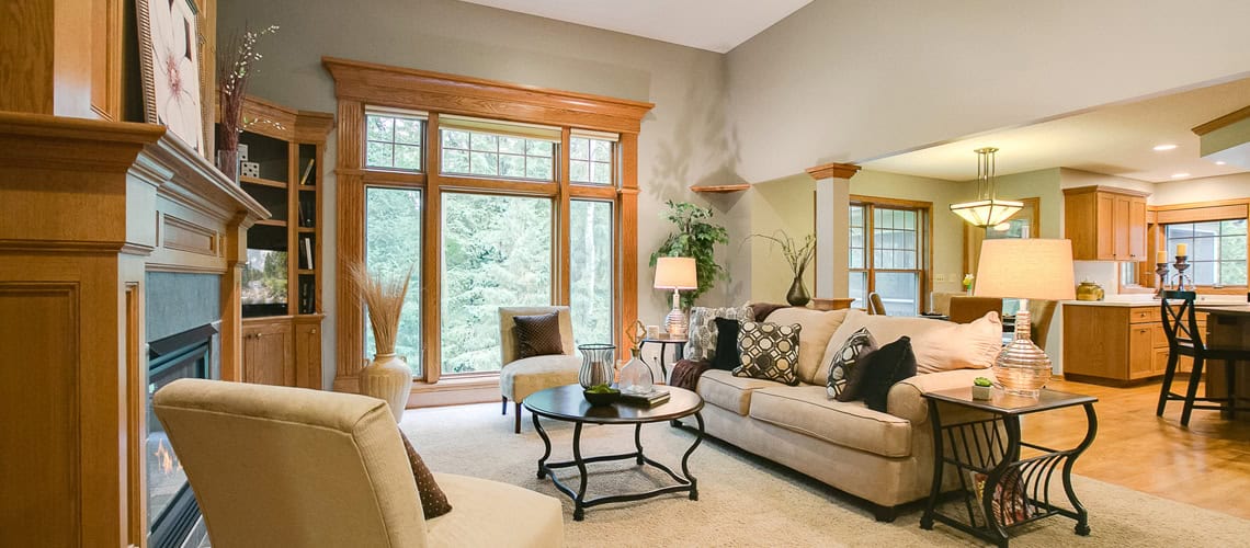 interior of home living room open to kitchen