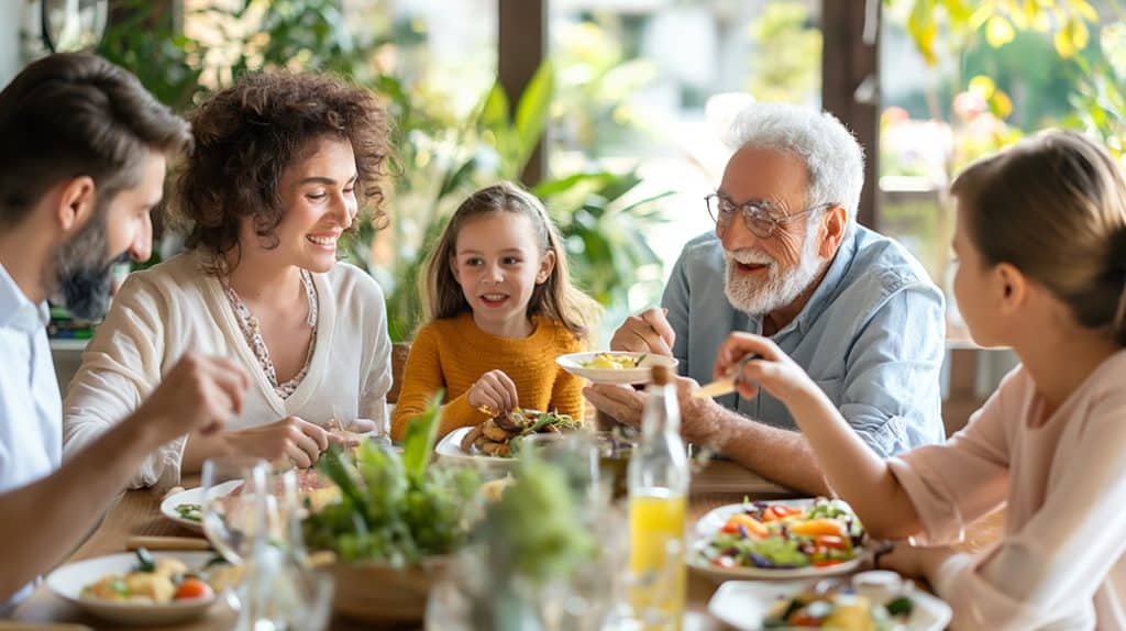 A Multi Generational Family Gathered Around A Table, Sharing A M