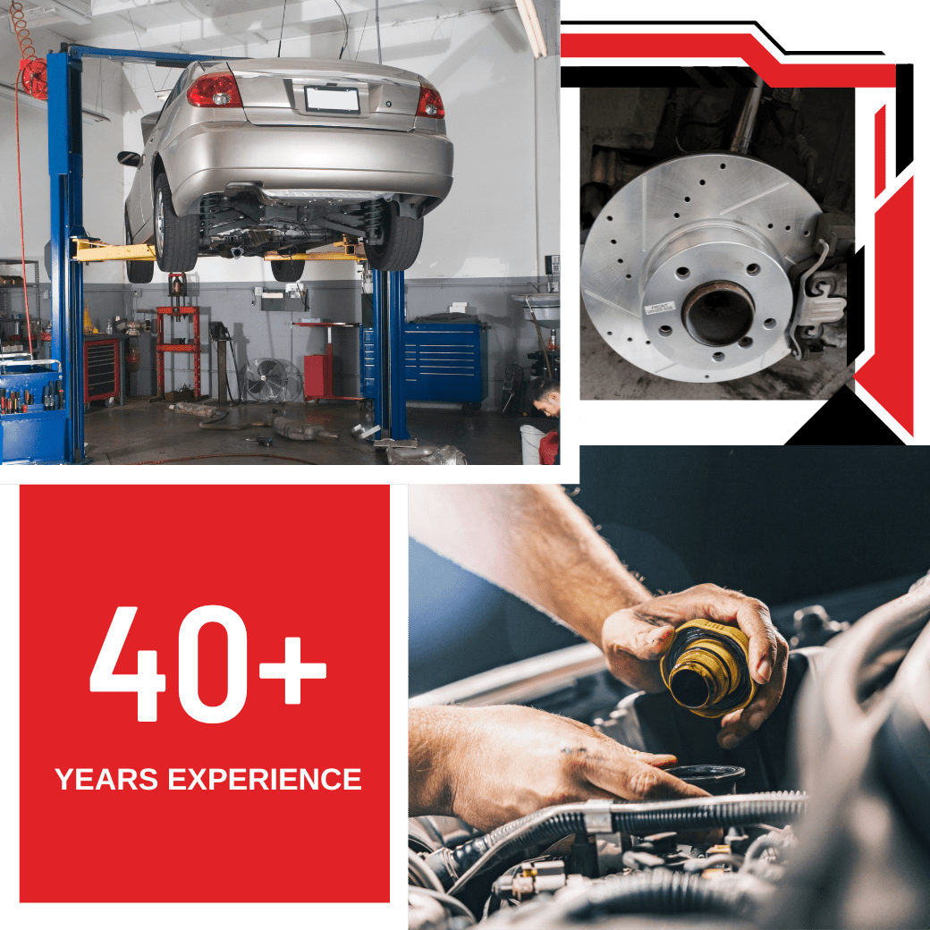 Skilled mechanic working on car engine with brake disc and lift in auto repair shop.