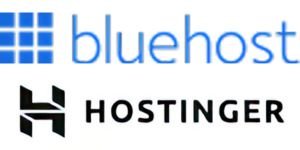 Bluehost and Hostinger web hosting company logos with blue grid symbol and black H geometric design