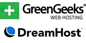 GreenGeeks and DreamHost web hosting company logos with green cross symbol and blue DreamHost branding