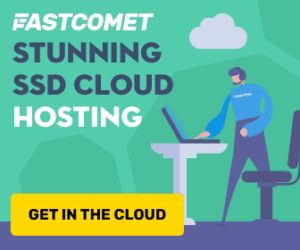 FastComet stunning SSD cloud hosting banner featuring person at desk with laptop and cloud storage