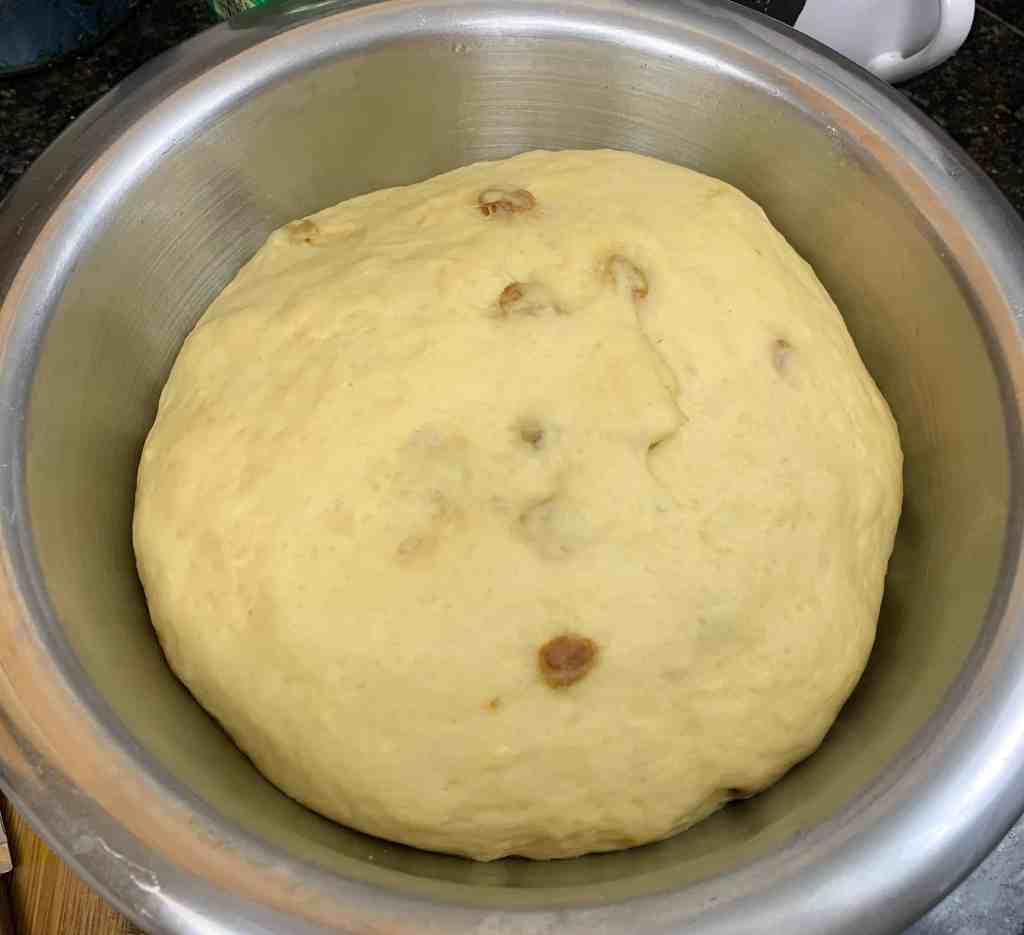 Fermented bread dough in a bread machine for Hawaiian recipe.