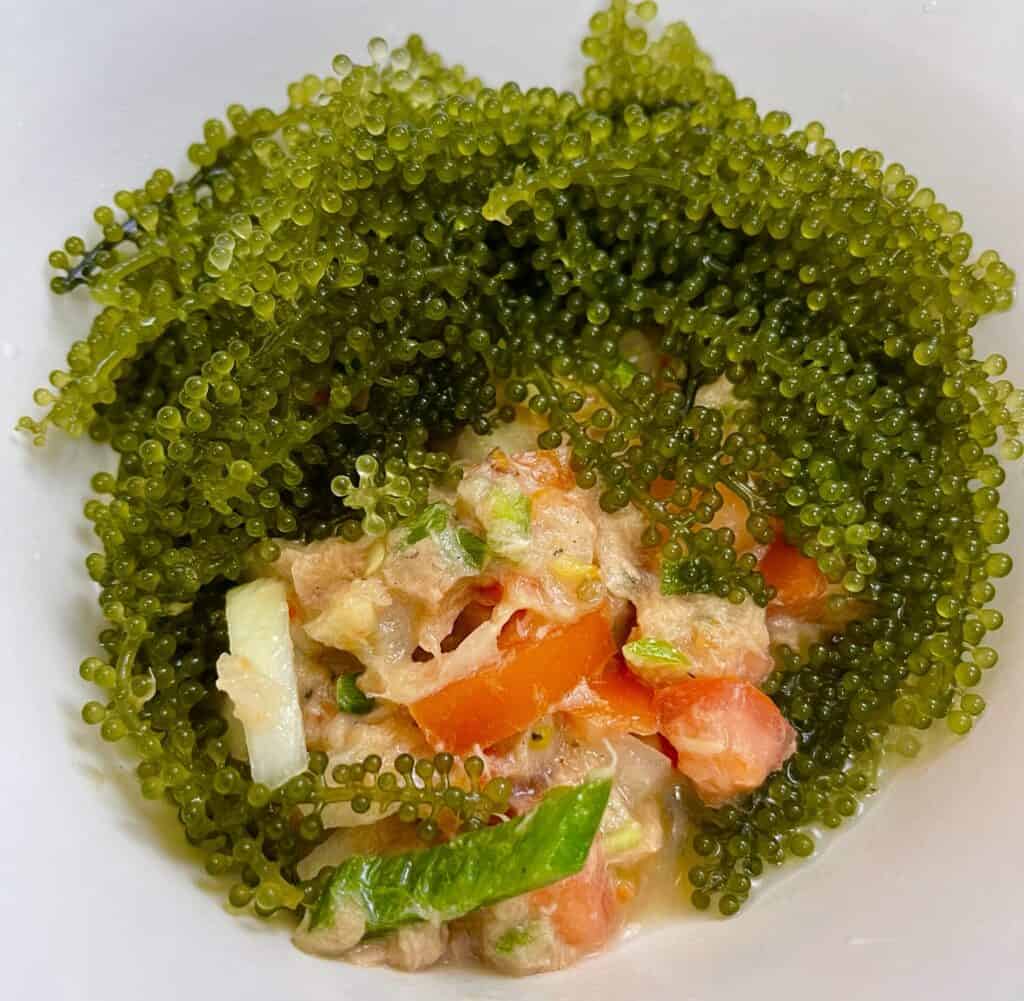 Green sea grapes with diced vegetables