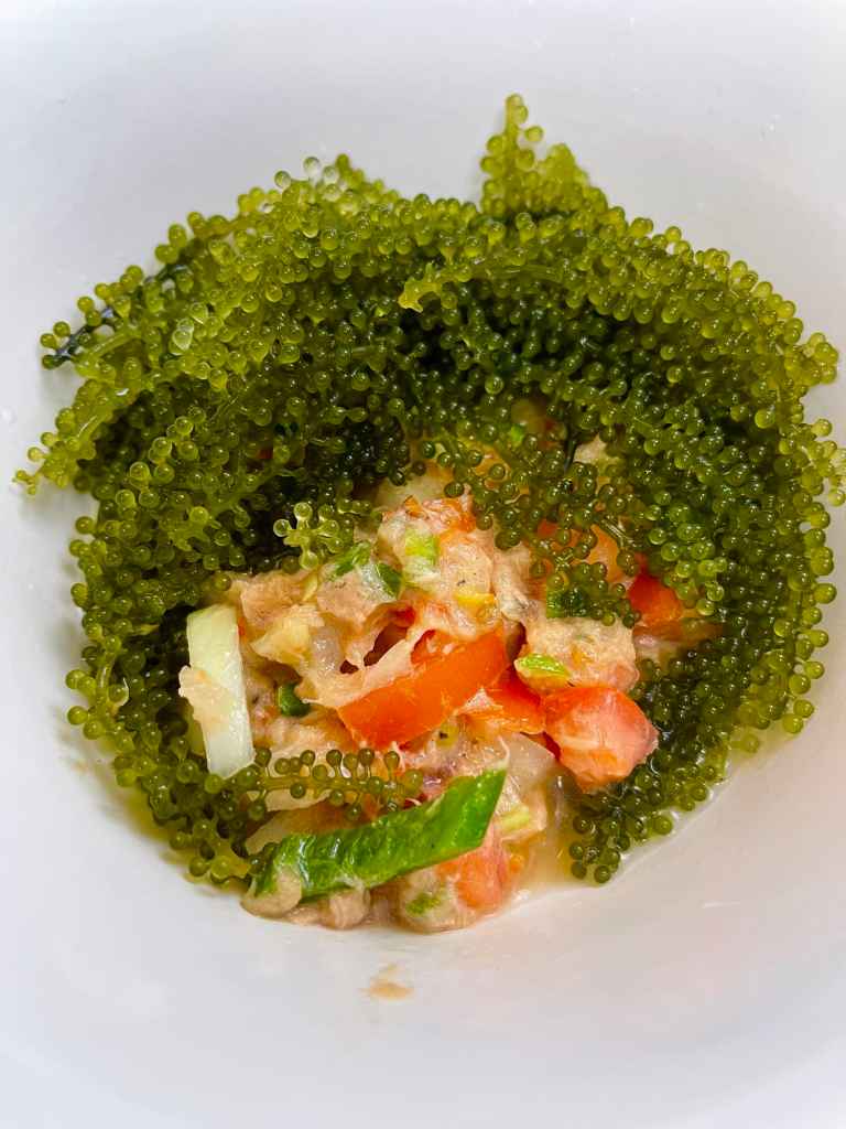 Green sea grapes with diced vegetables