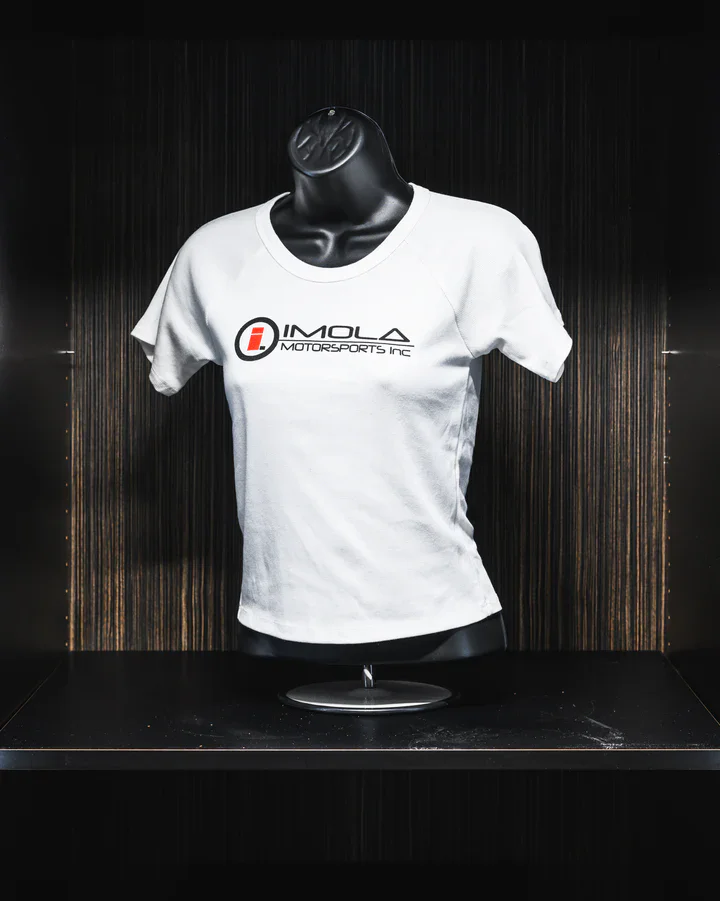 Imola Motorsports women's crop T-shirt in black or white, featuring the Imola logo, perfect for moto.