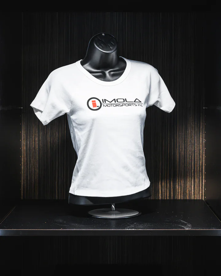 Imola Motorsports women's crop T-shirt in black or white with logo design. Perfect for motorsport fa.