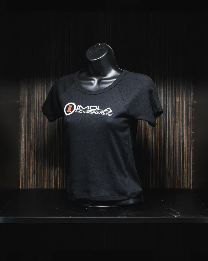 Imola Motorsports Women's Crop T-Shirt in black or white, featuring the logo for stylish motorsport.