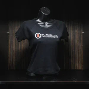 Black Imola Motorsports women's crop T-shirt on display.
