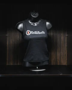Imola Motorsports women's crop tank top with logo, perfect for racing fans.