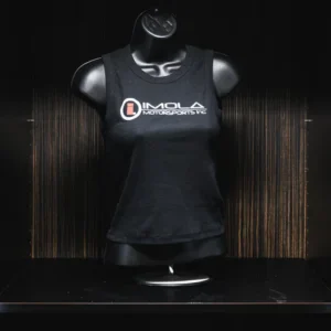 Imola Motorsports women's crop tank top with logo, perfect for racing fans.
