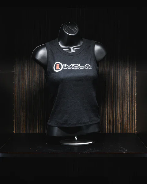 Imola Motorsports women's crop tank top with logo, perfect for racing fans.