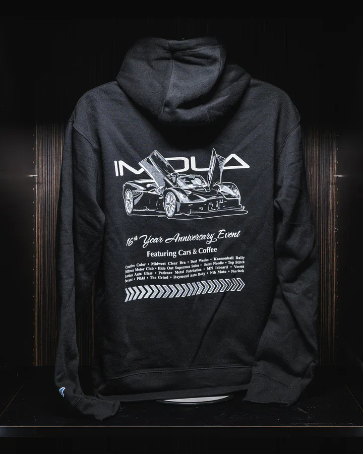 Black hoodie featuring Imola Motorsports logo and Aston Martin Valkyrie graphic.
