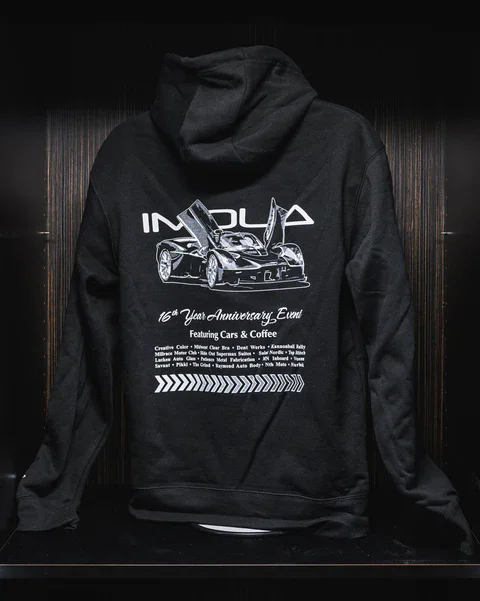 Imola Motorsports hoodie featuring Aston Martin Valkyrie design and 16th anniversary logo.