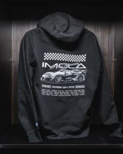 Hoodie featuring Imola Motorsports and Bugatti Bolide design, limited edition racing apparel.