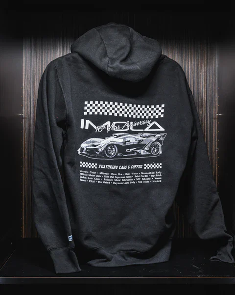 Hoodie featuring Imola Motorsports and Bugatti Bolide design, limited edition racing apparel.