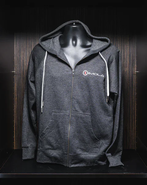 Gray Imola Motorsports zip hoodie for casual and sporty wear.
