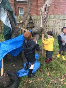 Children playing outdoors near a tree at Inchmarlo care home.