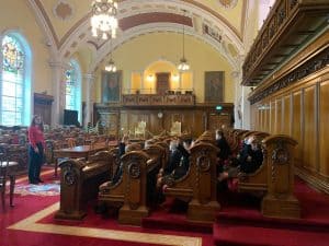 Elegant courtroom interior with high ceilings and ornate woodwork at Inchmarlo.