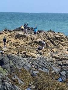 People exploring rocky coastline at Inchmarlo, Aberdeenshire, Scotland.