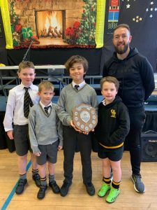Group of students and teacher at Inchmarlo School celebrating achievement.