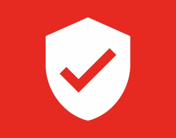 Vehicle safety shield icon with checkmark on red background.