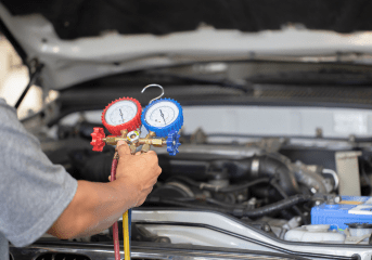 Automotive repair technician using manifold gauges for vehicle air conditioning service.