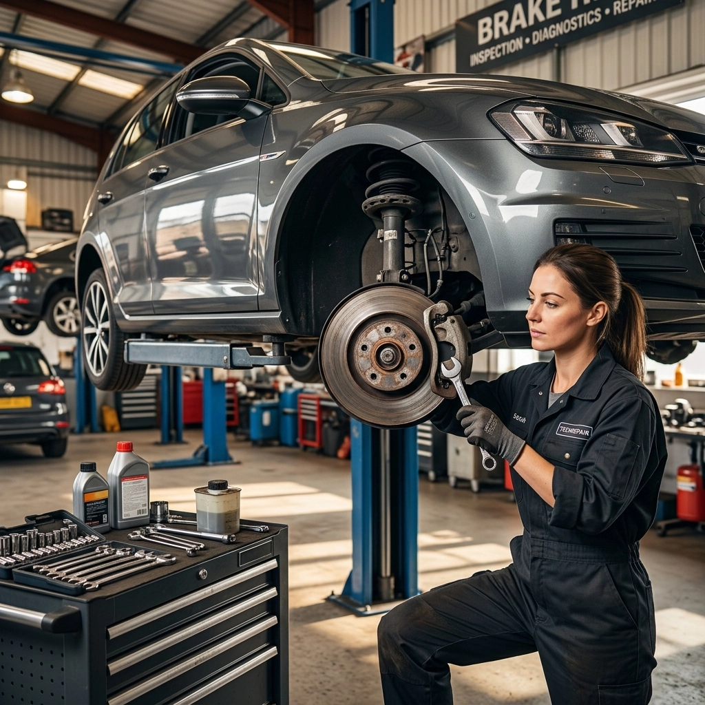 Automotive technician inspecting a car's brake system during service.