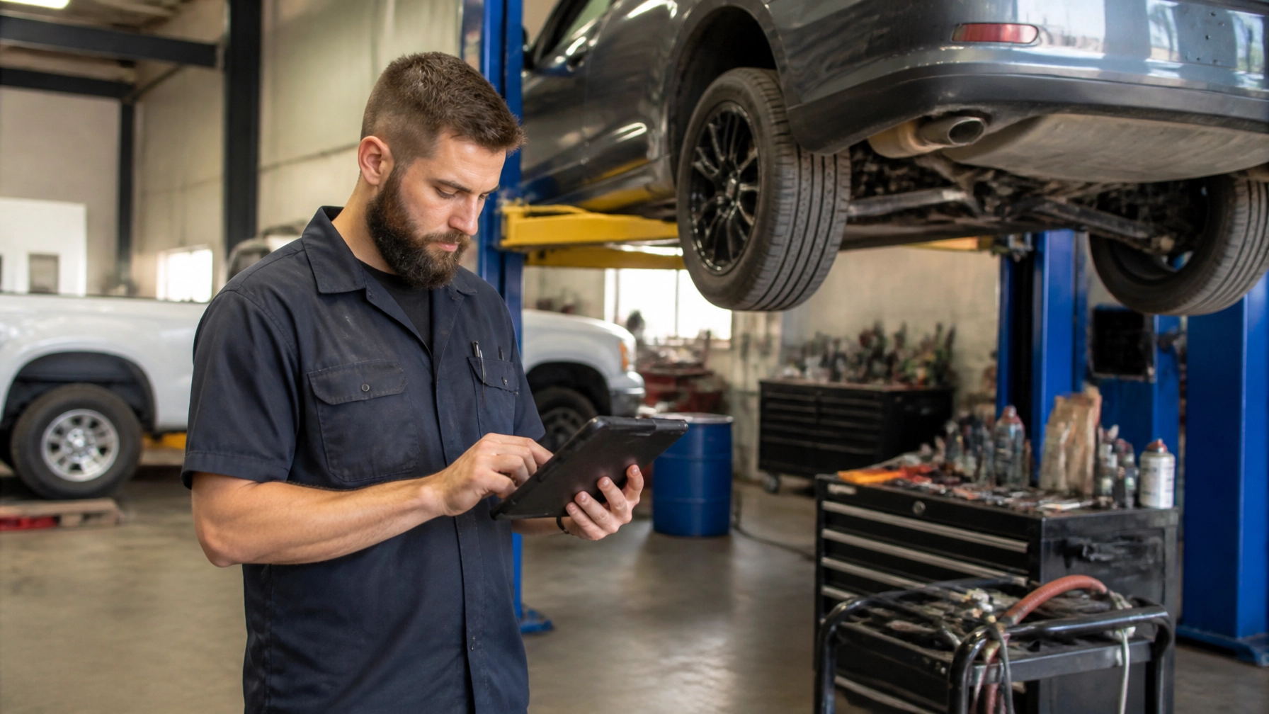 Automotive technician inspecting vehicle using tablet in auto repair shop.