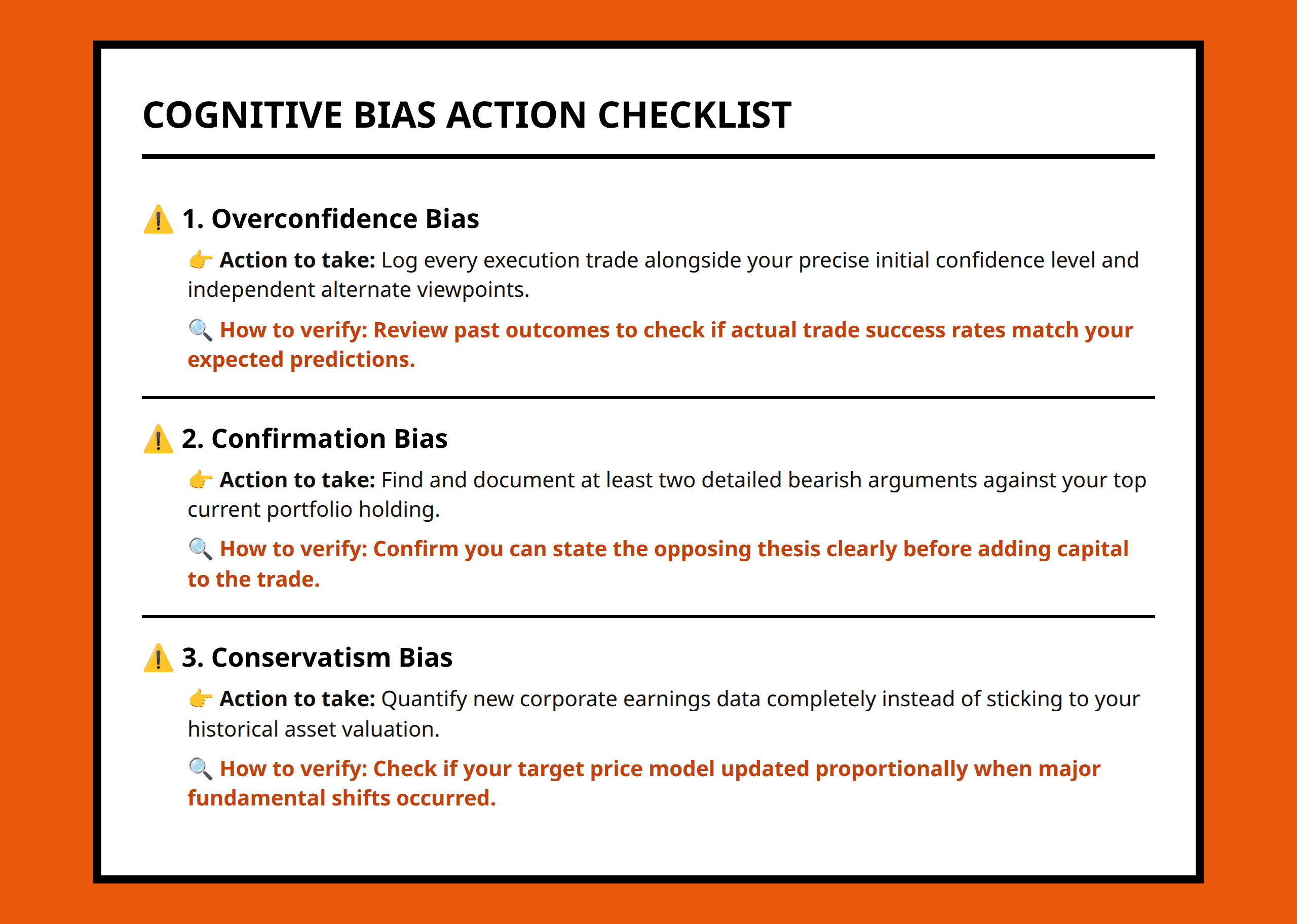Checklist of core investment biases with actionable verification signs to spot errors