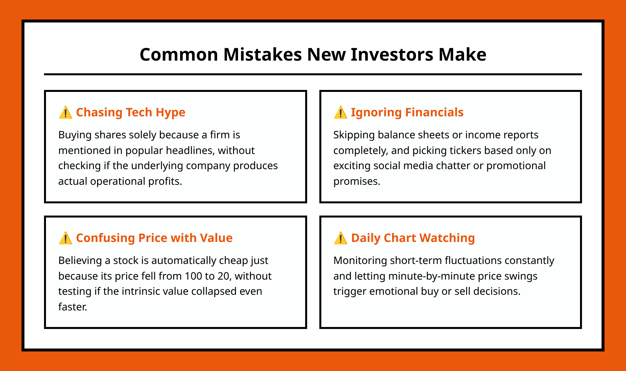 Card grid layout detailing 4 common mistakes made by new stock investors