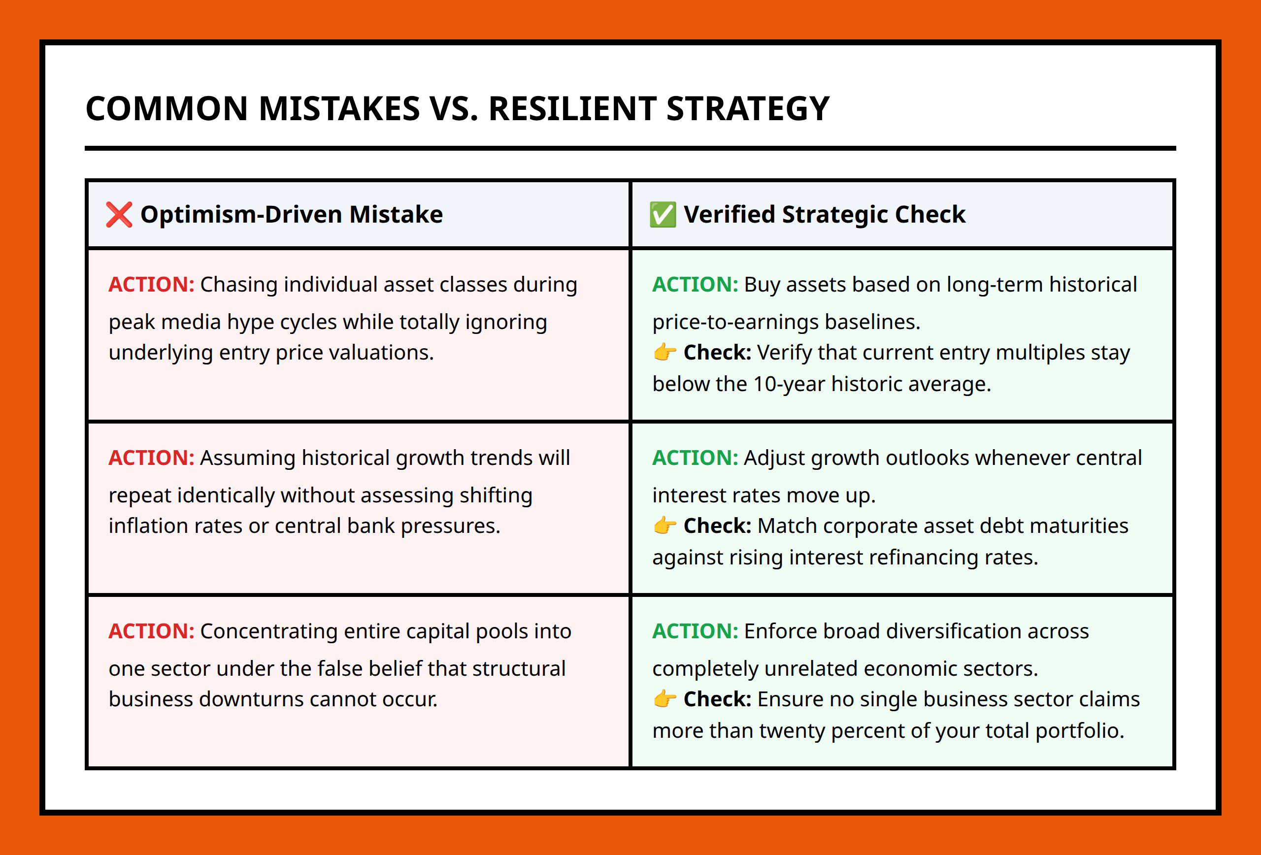 Comparison table contrasting common failed investment mistakes with resilient strategic checks.