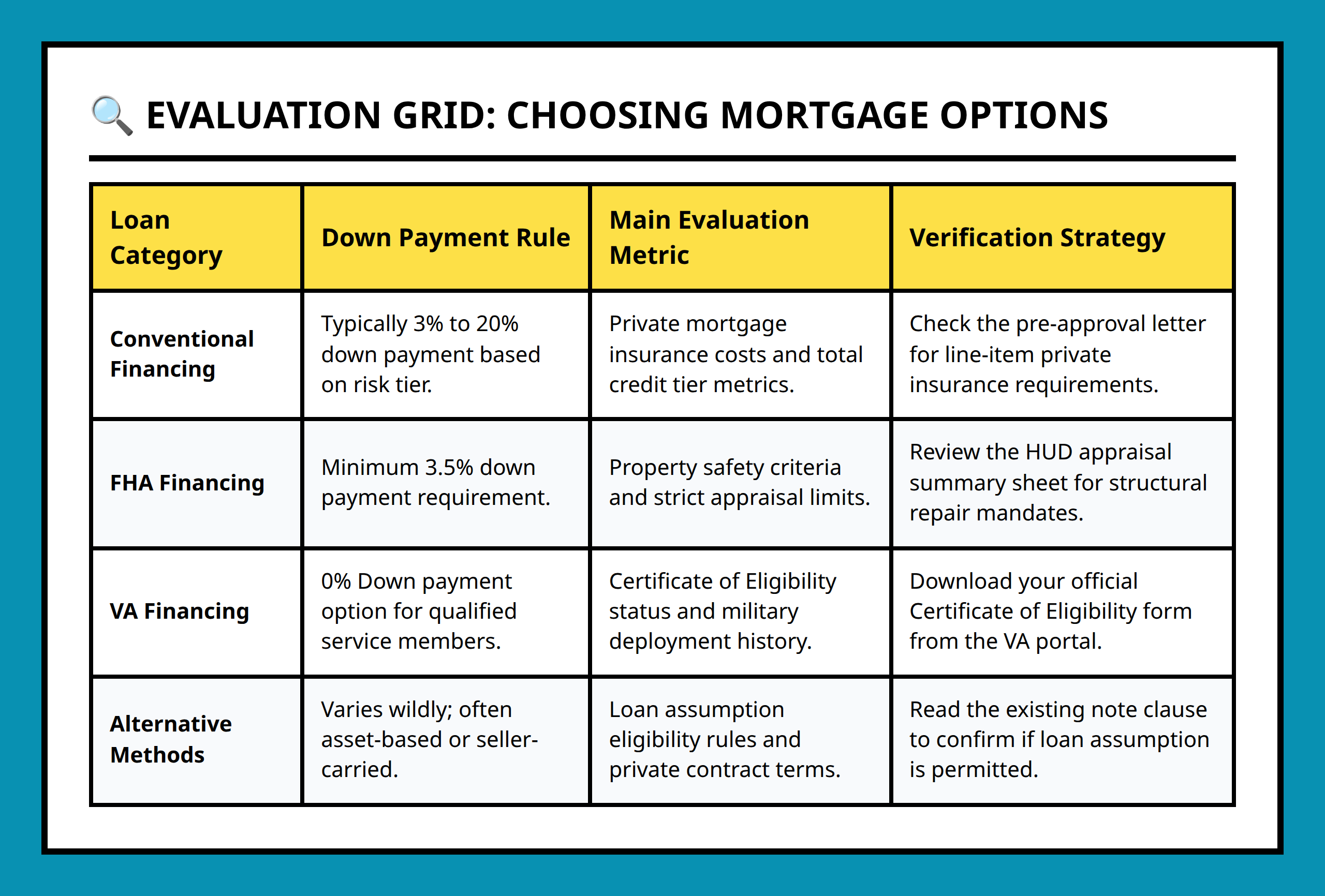 Comparison table for conventional, FHA, VA, and alternative financing structures.