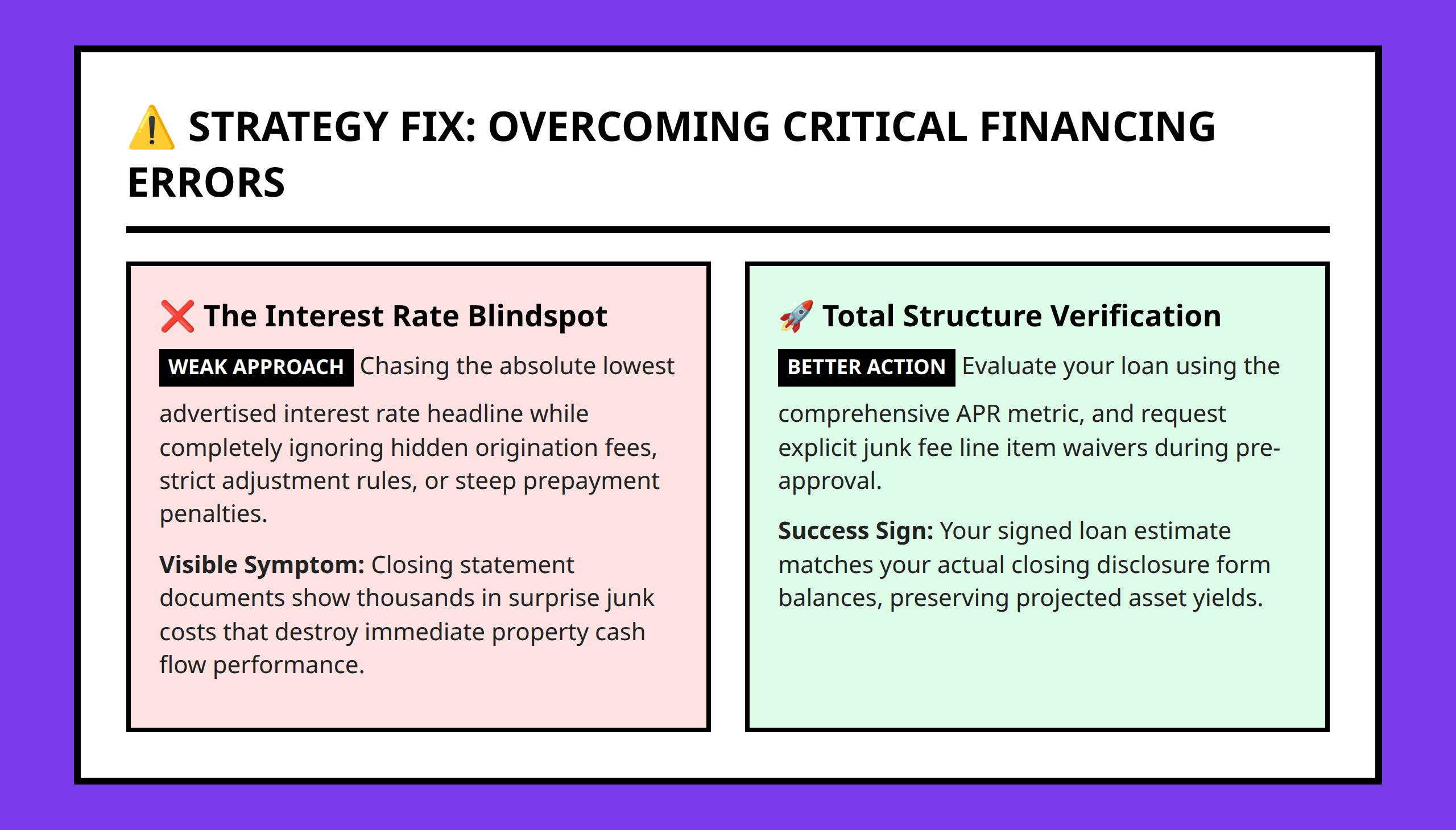 Before and After comparison panel of real estate financing choices and structural errors.