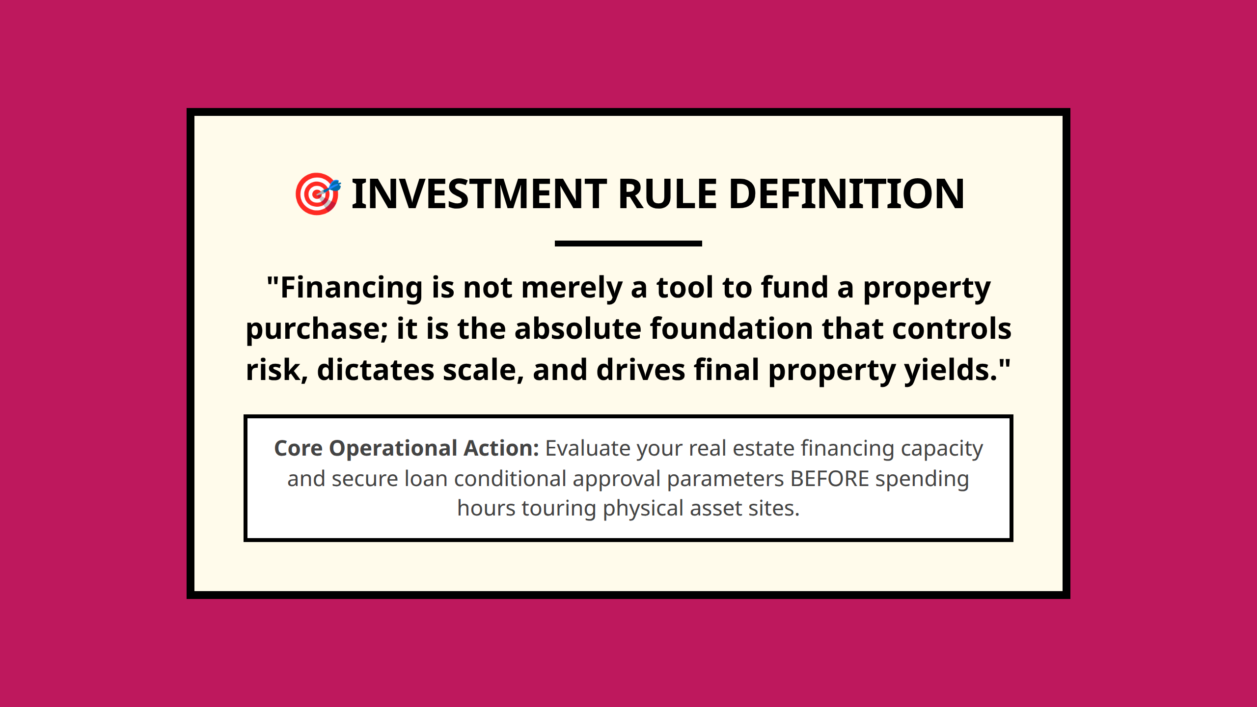 Investment financing summary graphic highlighting strategy selection over property selection.