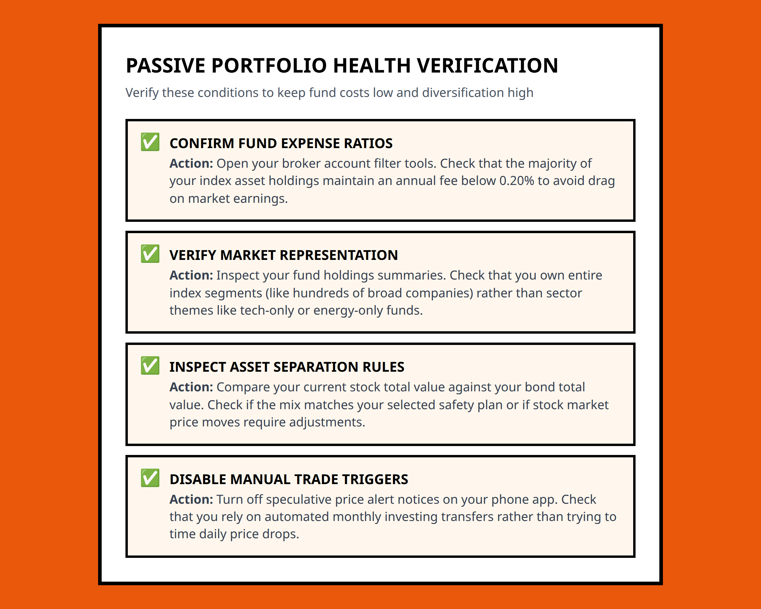 Index investing implementation checklist for verifying portfolio health and strategy setup
