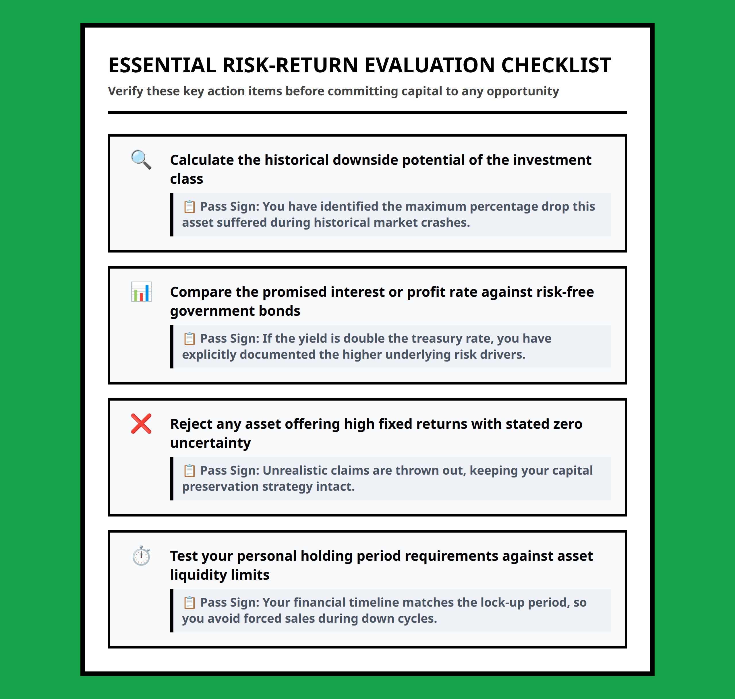 Risk management checklist for beginning investors to evaluate investment returns and downside hazards