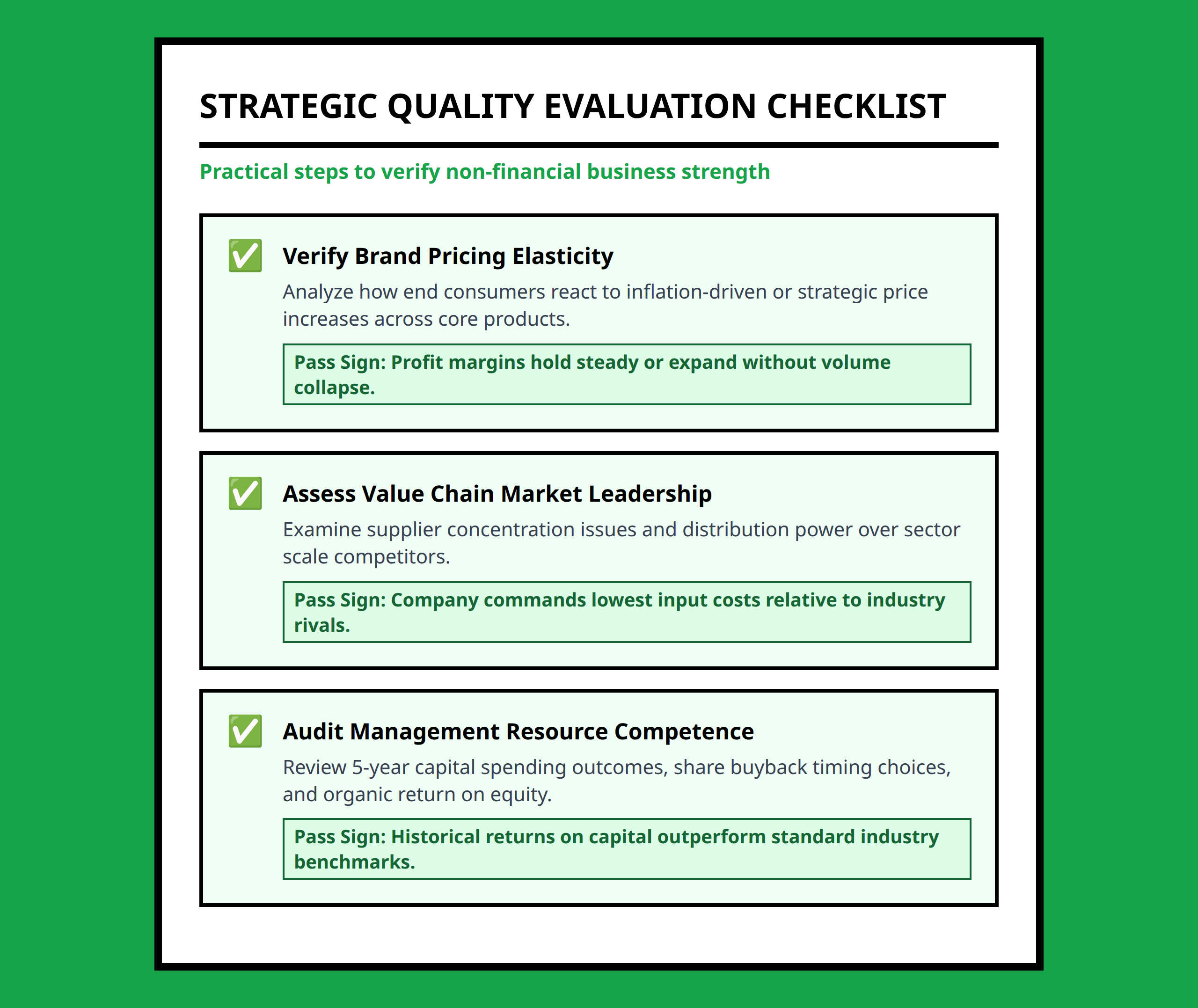 Checklist for investors evaluating corporate quality beyond the standard balance sheet numbers.