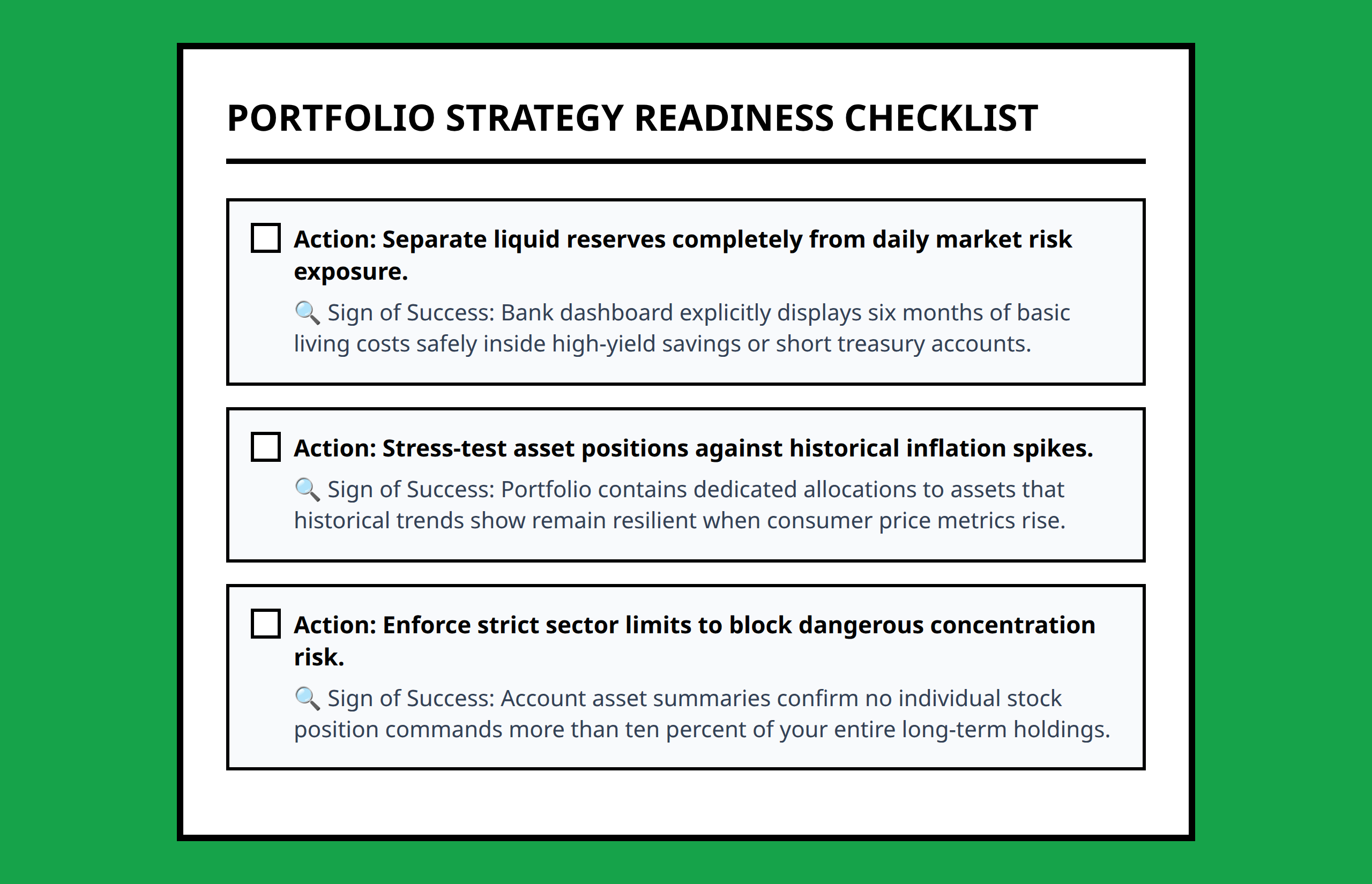 Portfolio checklist detailing specific structural actions and clear signs to verify market environment resilience.