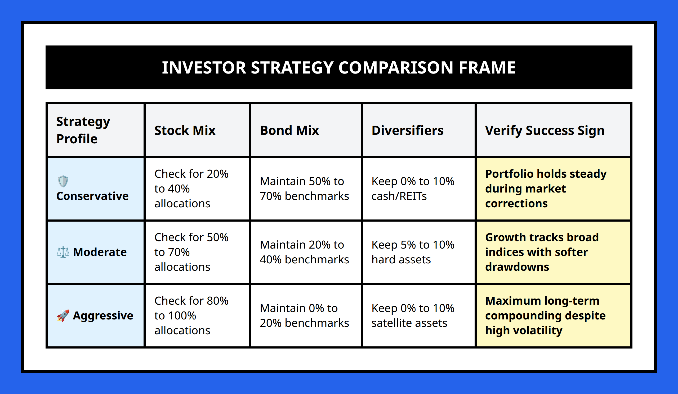 Comparison table for conservative, moderate, and aggressive asset allocation strategies and fund targets