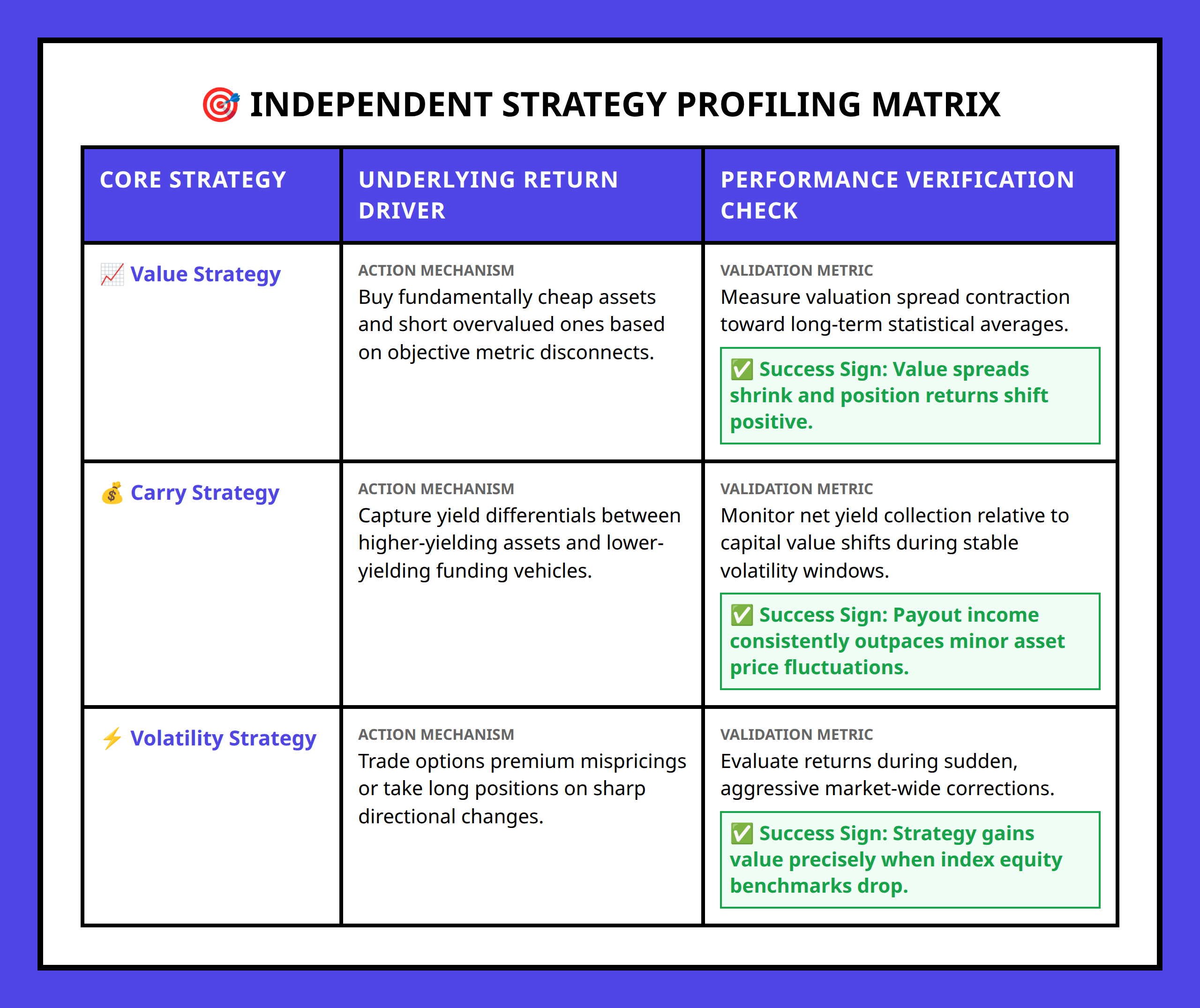 Comparison matrix of core investment strategies including value, carry, and volatility approaches