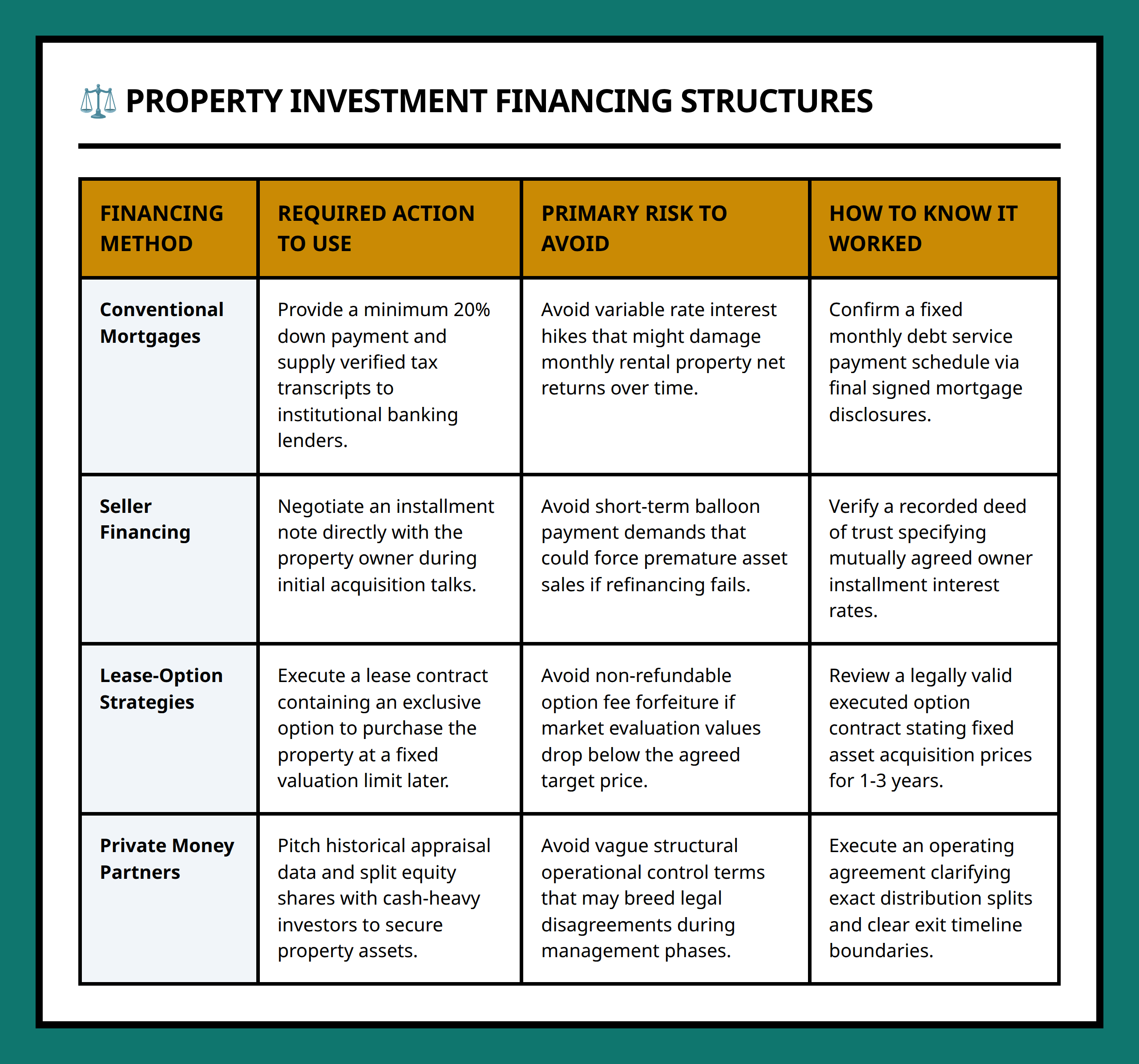 Comparison table of property investment financing structures, comparing actions, risks, and verification signs.